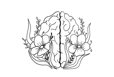 Line drawing of a brain with flowers and grasses growing around it.