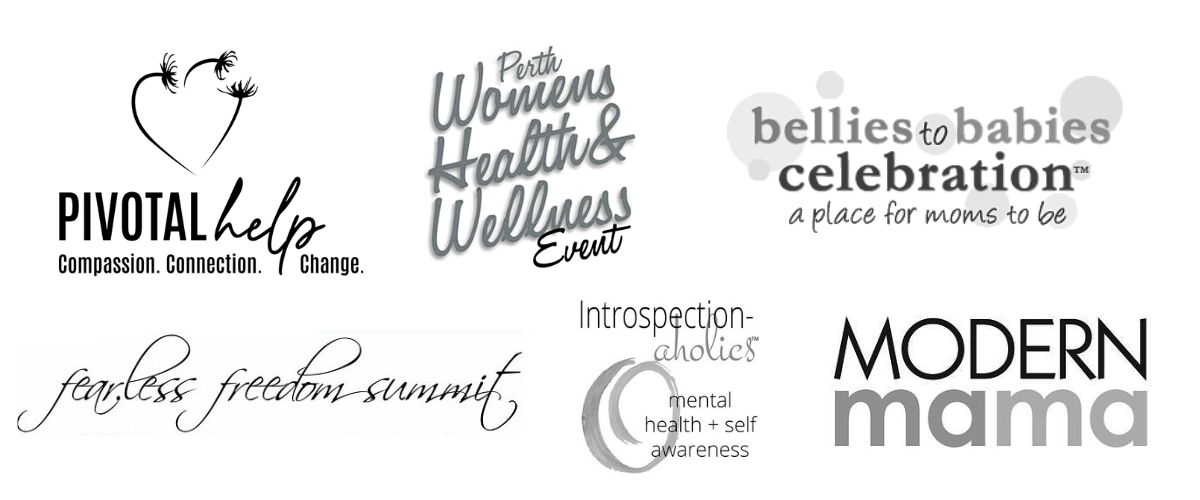 Six logos for events where Parrish has spoken: PIvotal Help, Perth's Health & Wellness Event, Bellies to Babies Celebration, Fearless Freedom Summit, Introspection-Aholics, Modern Mama