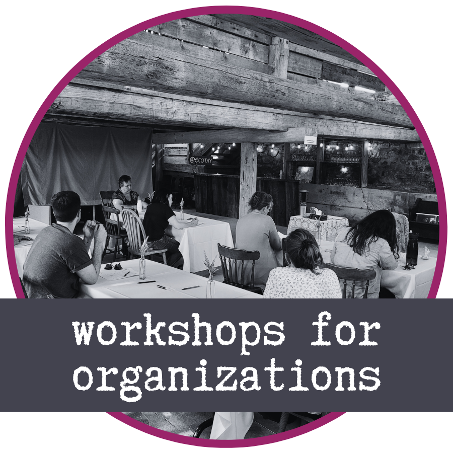 A black and white photo of a group of people sitting at tables in an old barn. Across the front of the image are the words "workshops for organizations"