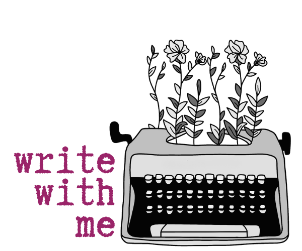 A black and white typewriter has flowers growing out of it, beside it are the words: write with me