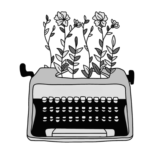 a black and white drawing of a typewriter with flowers growing out if it instead of paper