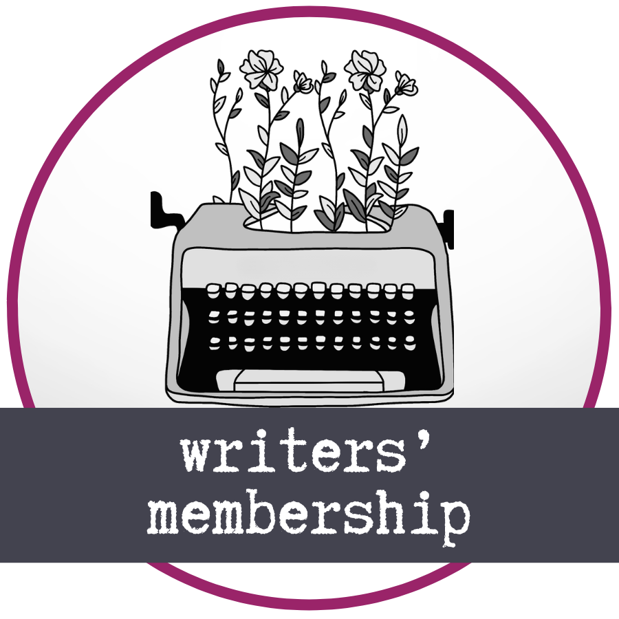 A black and white typewriter with flowers growing out of it where the pages should be. In front of the image are the words "writers' membership"