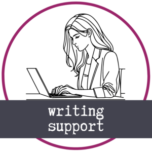 There is a line drawing of a woman writing on a laptop. Below her are the words "writing support"