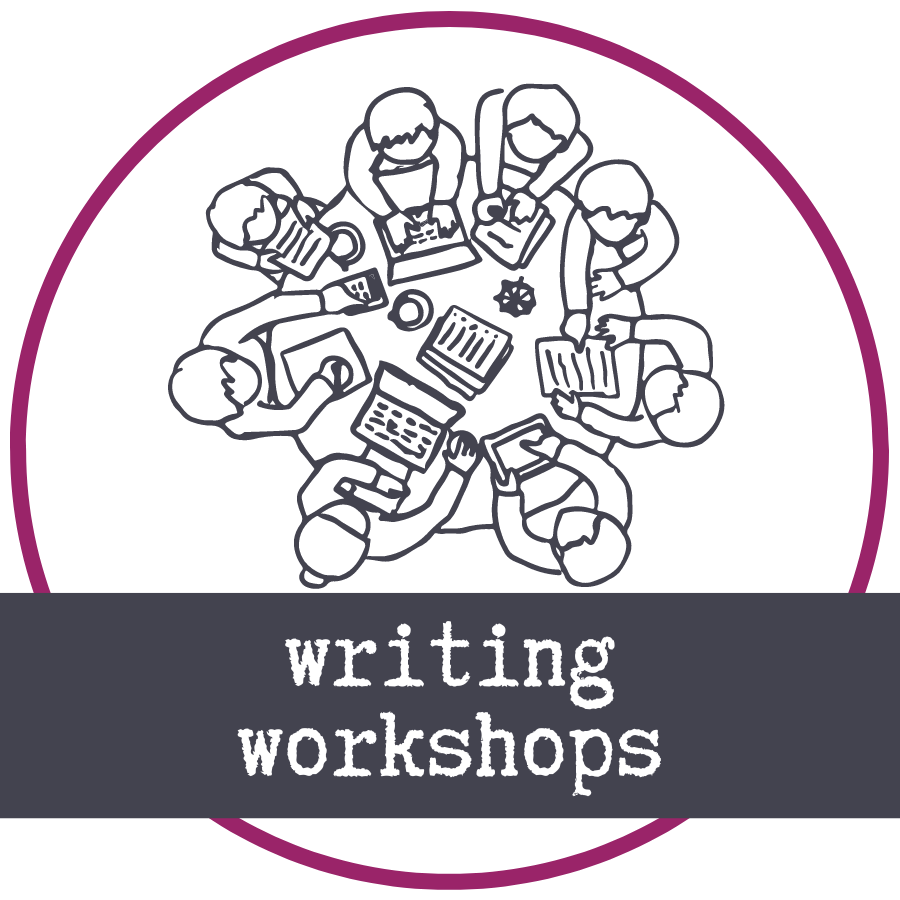 There is a line drawing of a group of people sitting around a circular table. Below that are the words "writing workshops".