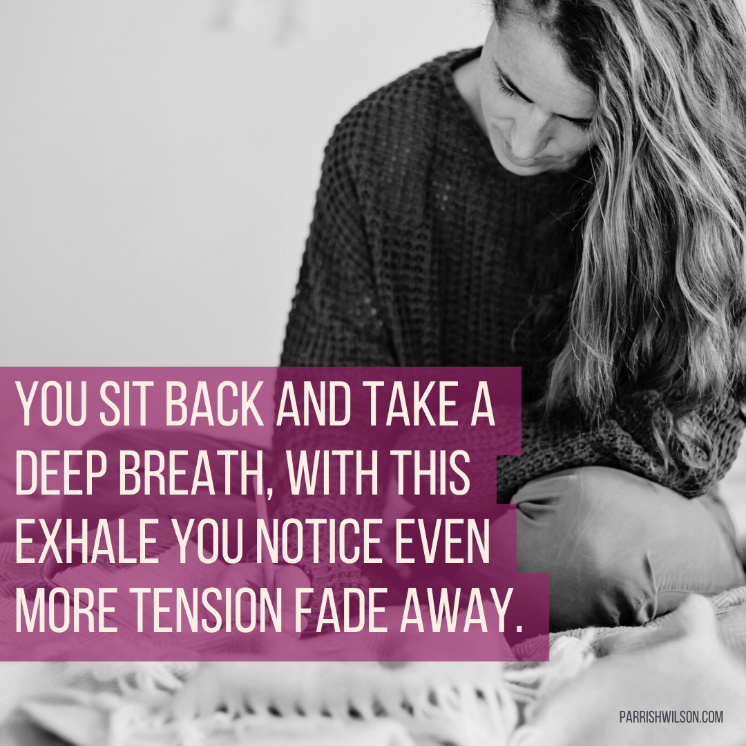 A woman sits cross legged on a bed, writing in a journal. Across the image are the words 